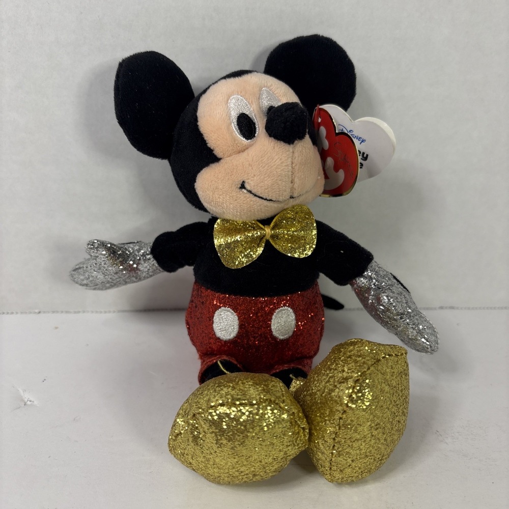 Ty Disney Beanie Babies Sparkle Mickey Mouse Plush Glitter Gold Red 41098